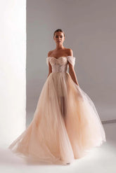 Tulle Prom Dress A Line Long Beaded Evening Dress